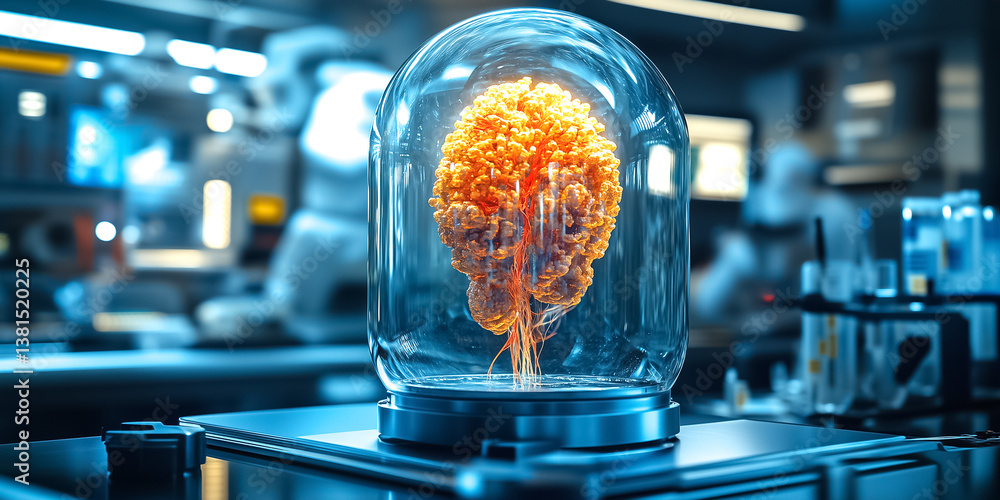Poster glowing brain encased in glass jar sits on sleek display in modern lab. high-tech setting with dynam