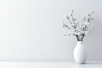 White Flower Arrangement in Vase on White Shelf Against Wall Backdrop