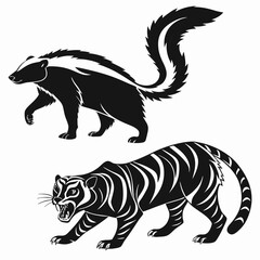 Skunk tiger black silhouette icon vector bundle