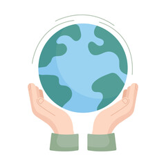 Hands holding planet Earth. Save the Earth concept. Earth day eco-friendly vector illustration.