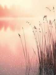 Obraz premium Brise de Vie Calm lakeside at sunrise, mirror-like water reflecting a gradient of soft pinks and oranges, delicate reeds swaying gently along the shore, light mist curling over the surface, scattered 