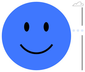 Blue happy face with oval eyes and curved mouth alongside a simple cloud, dotted path, and vertical line. Ideal for positivity, simplicity, happiness, minimalism, branding, creativity digital