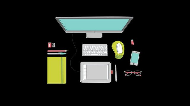 Sketchy Graphic Designer Desk Setup Animation with Alpha Background