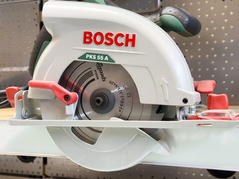 Bosch pks 55 a circular saw in workshop setting for precision woodcutting