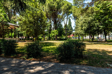 Podgorica, Montenegro Njegosev park with pedestrian footpath by green trees in summer in Balkan country capital city