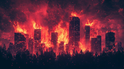 Obraz premium A surreal illustration depicting a wildfire engulfing a modern city, with flames merging into skyscrapers. A highly detailed cinematic concept art piece with a dystopian atmosphere