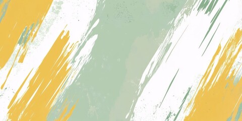 Warm mustard yellow and white brush strokes on a soft green background, with paint splashes creating an abstract minimalist design