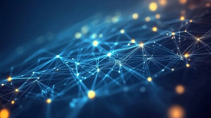 Abstract network of blue lines connecting bright yellow points on a dark blue background digital art