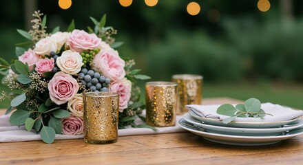 Elegant floral arrangement with pink and white roses conveying a romantic ambiance and showcasing a beautifully set table with decorative candles and dinnerware in a lush outdoor setting