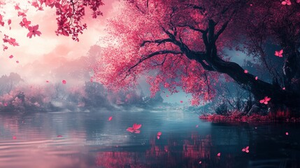 Dreamy Cherry Blossom Scene at Lake with Pink Petals Falling Gently
