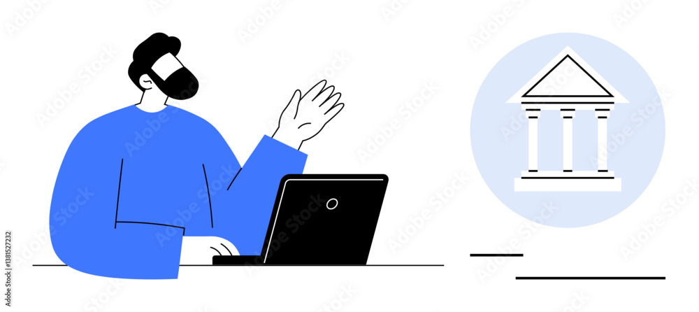 Poster person gesturing while seated at a desk with laptop, next to a visual of a classical institution bui