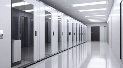 A long hallway with server racks and bright lighting in a data center environment with shiny floor