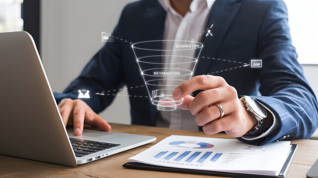 A business professional adjusting an interactive digital sales funnel, analyzing lead generation strategies, retargeting effectiveness, and customer acquisition costs.