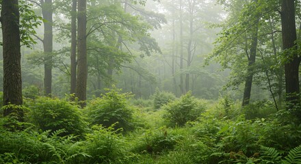 Fototapeta premium mystical forest shrouded in fog creating a serene and tranquil atmosphere with lush greenery and towering trees surrounded by vibrant underbrush