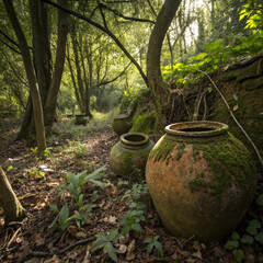 Fototapeta premium Generative AI of a weathered pottery pots, covered in moss and dirt, nestled beneath overgrown trees. Dappled sunlight filters through the dense canopy, casting soft shadows on the aged ceramics.