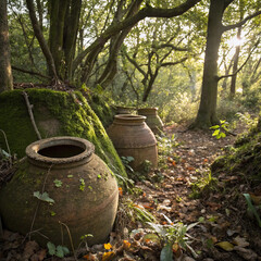 Generative AI of a weathered pottery pots, covered in moss and dirt, nestled beneath overgrown trees. Dappled sunlight filters through the dense canopy, casting soft shadows on the aged ceramics.