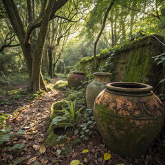 Generative AI of a weathered pottery pots, covered in moss and dirt, nestled beneath overgrown trees. Dappled sunlight filters through the dense canopy, casting soft shadows on the aged ceramics.