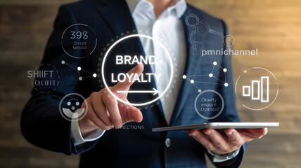 A business leader interacting with a next-generation AI-driven customer experience analysis tool, featuring brand loyalty metrics, sentiment shift predictions, and omnichannel engagement optimization.
