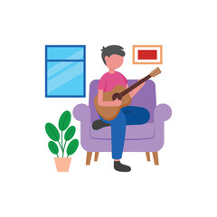 Practicing Guitar Flat Vector Illustration