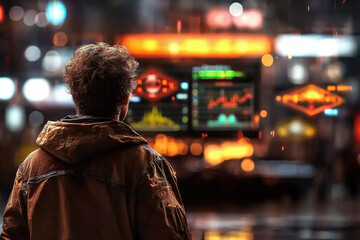 Modern Man Analyzing Financial Data on Street Screens 