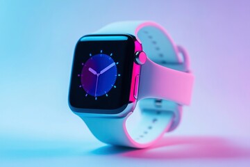 Close Up of Smart Watch Showing Clock Against Colorful Gradient Background