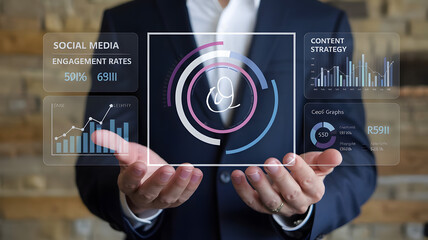 Holographic analytics panel featuring social media engagement rates, email marketing KPIs, and content strategy graphs in front of a CEO�s hands.