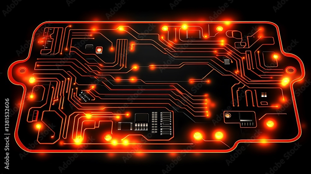 Poster a glowing circuit board design with multiple electronic pathways depicted