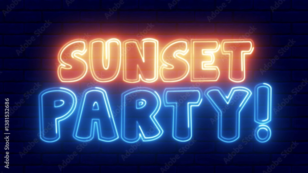 Poster sunset party neon sign. sunset party text font with neon light. luminous and shimmering haze inside 