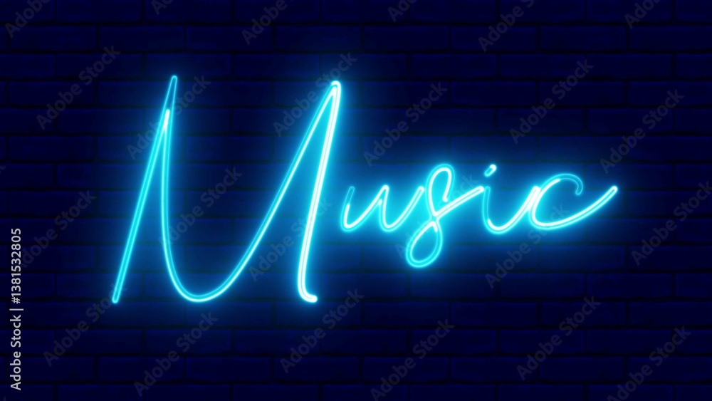 Poster music neon sign. music text font with neon light. luminous and shimmering haze inside the letters of