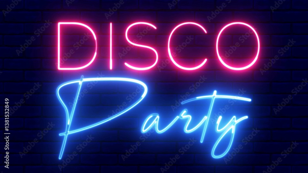 Aufkleber disco party neon sign. disco party text font with neon light. luminous and shimmering haze inside th