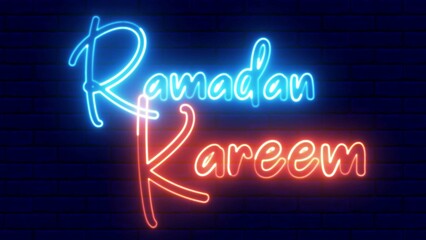 Obraz premium Ramadan Kareem text font with light. Luminous and shimmering haze inside the letters of the text Ramadan Kareem. Ramadan Kareem neon sign.