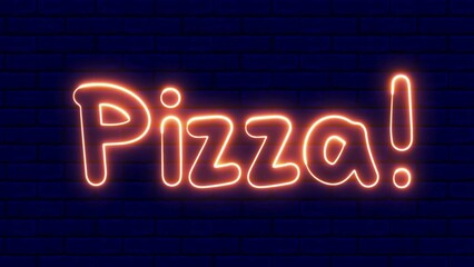 Pizza neon sign. Pizza text font with light. Luminous and shimmering haze inside the letters of the text Pizza. 