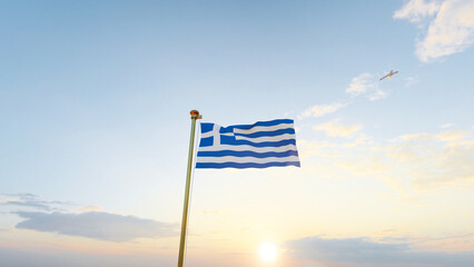 Naklejka premium Greece flag waving in beautiful sky. Flag of Greece waving in the wind, sky and sun background. Greece Flag. UHD. 