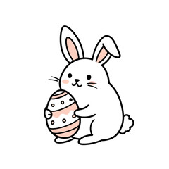 Obraz premium Kawaii Easter Bunny with a Happy Smile Holding Decorated Egg for Easter Celebration against White Background with copy space