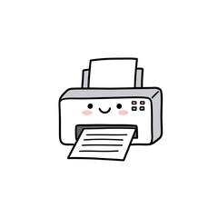 Kawaii Doodle Printer Character in Grey and White Printing a Document for Office Use with copy space