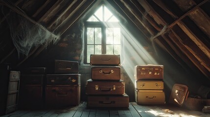 Dusty attic filled with sunlight streaming through the window, vintage luggage, and cobwebs 