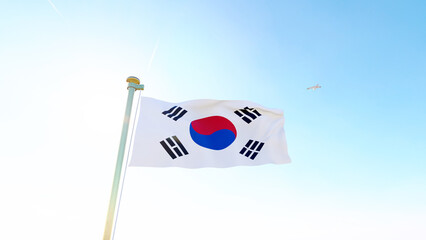 Flag of South Korea waving in the wind, sky and sun background. South Korea Flag. Ultra Hd.	