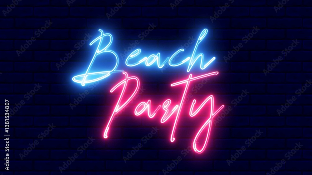 Poster beach party neon sign. beach party text font with neon light. luminous and shimmering haze inside th