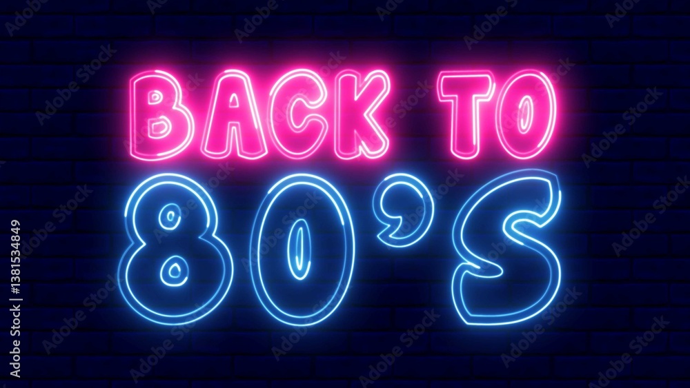 Poster back to 80's text font with neon light. luminous and shimmering haze inside the letters of the text 