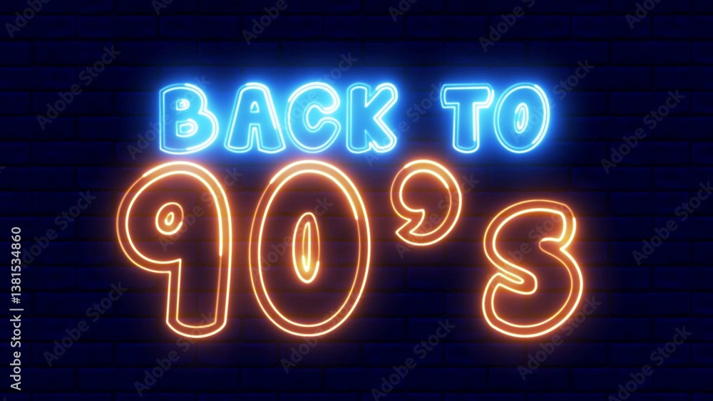 Poster back to 90's text font with neon light. luminous and shimmering haze inside the letters of the text 