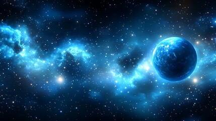 Fototapeta premium A glowing blue planet resides amongst countless distant stars