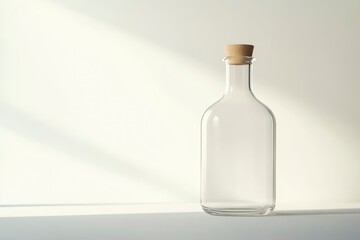 Empty Glass Bottle with Cork Stopper on Shelf in Soft Lighting