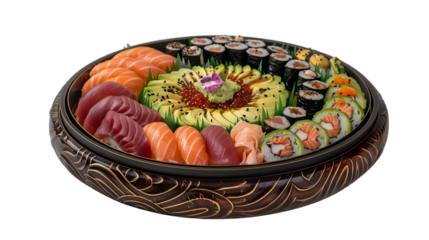 Sushi platter assorted maki rolls nigiri sashimi Japanese food seafood restaurant meal g