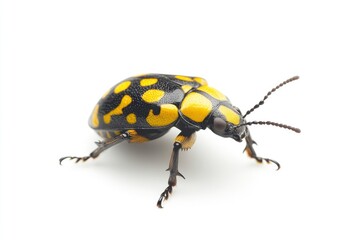Close-up View of a Yellow Spotted Beetle Walking on White Background