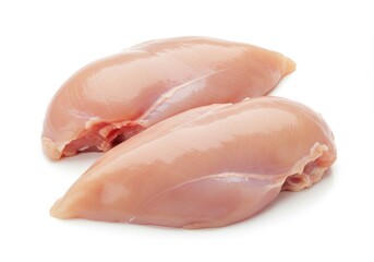 Two raw chicken breasts isolated on white background, ready for cooking and meal preparation use