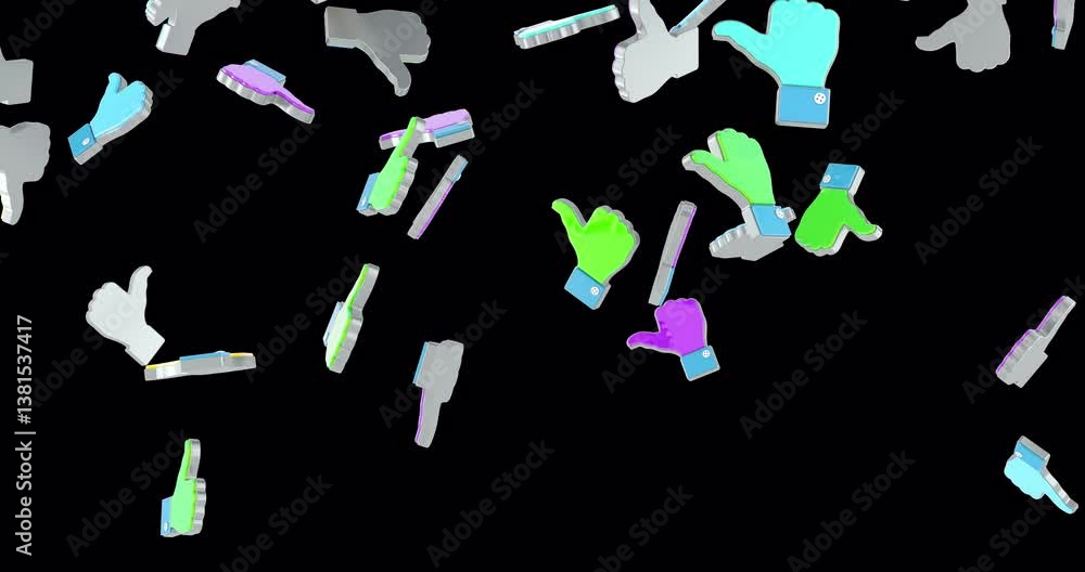 Poster hands with thumbs up and thumbs down falling down. 3d animation on transparent background