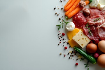 A vibrant arrangement of fresh ingredients including meat, cheese, vegetables, and spices, ready for cooking or a delicious meal