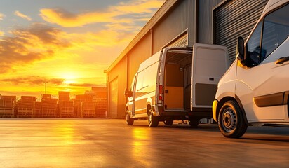Two delivery vans parked at a warehouse loading dock at sunset, ready for shipping and logistics operations