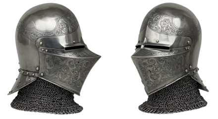 Two Decorative Medieval Helmets with Chainmail on a White Background