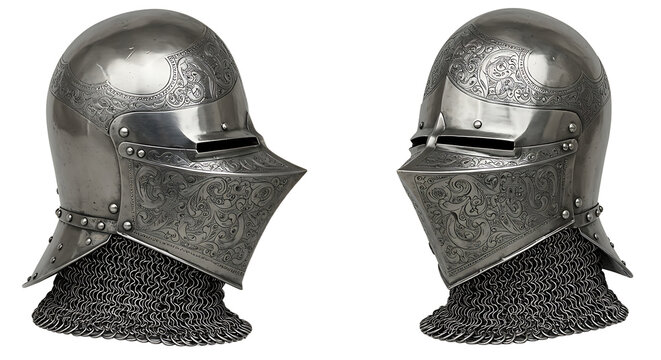 Two Decorative Medieval Helmets with Chainmail on a White Background